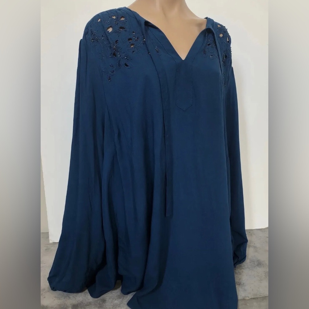 Torrid Blue Challis Beaded Top w/Ties Shirt Top Sz Torrid 4 or 4X